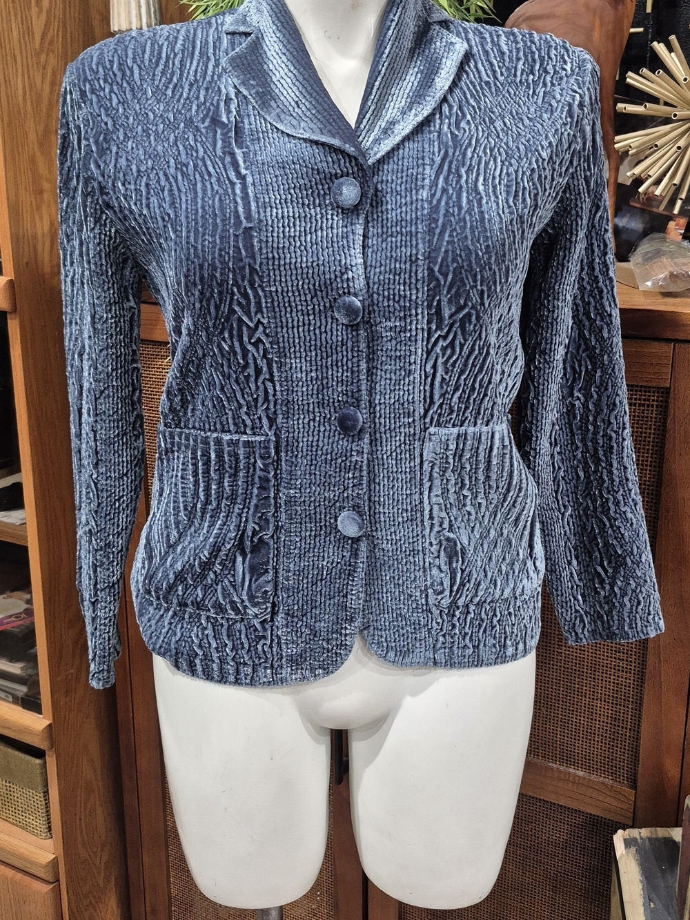 Crushed Velvet Button-Front Jacket in Blue